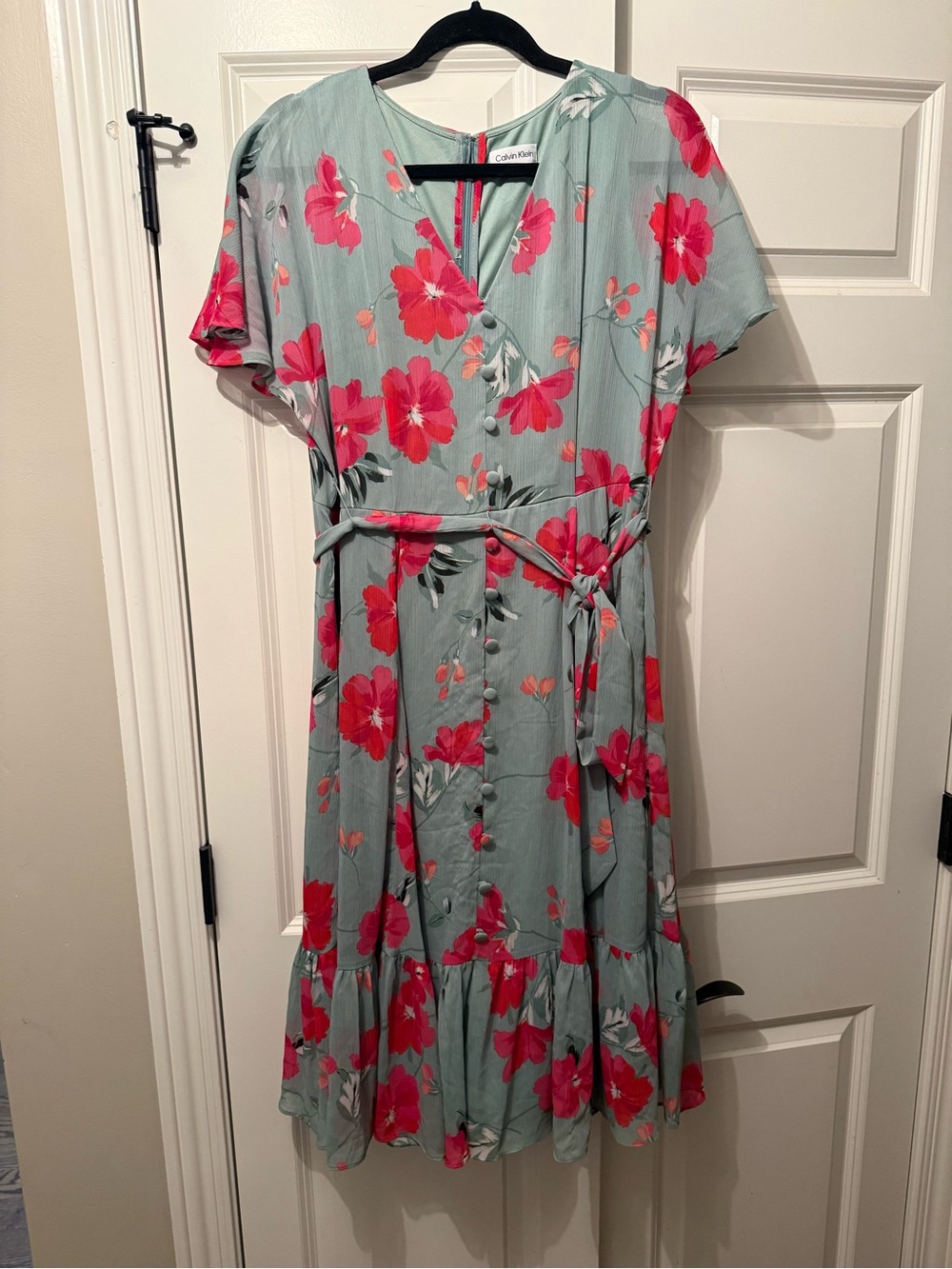 Calvin Klein Mint Green Midi Dress with Pink Floral Print